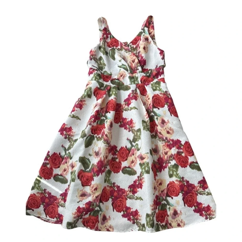 Maison Tara Jacquard Fit & Flare Dress Size 14 Red White Floral Print Tea Garden